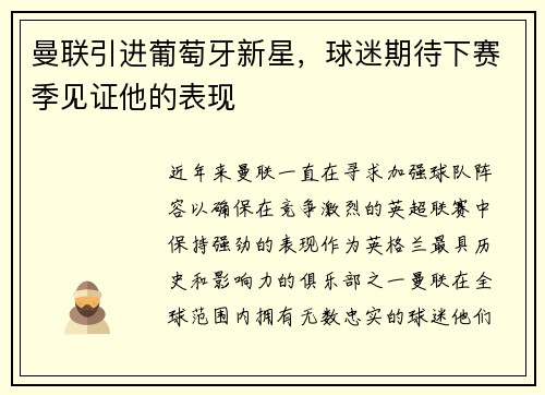 曼联引进葡萄牙新星，球迷期待下赛季见证他的表现